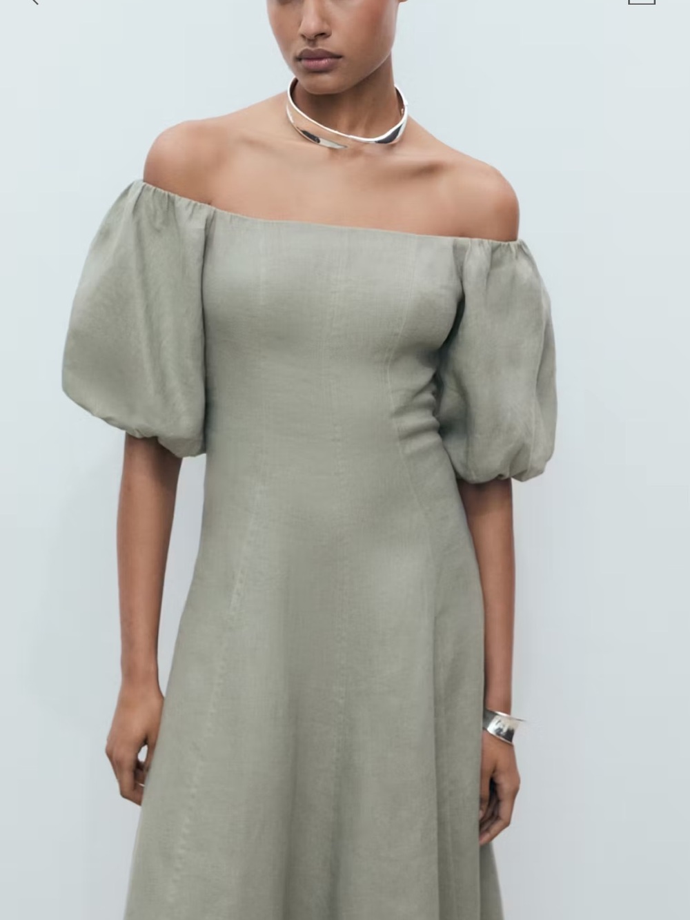 Mango Sage Green Off-Shoulder Maxi Dress with Puff Sleeves